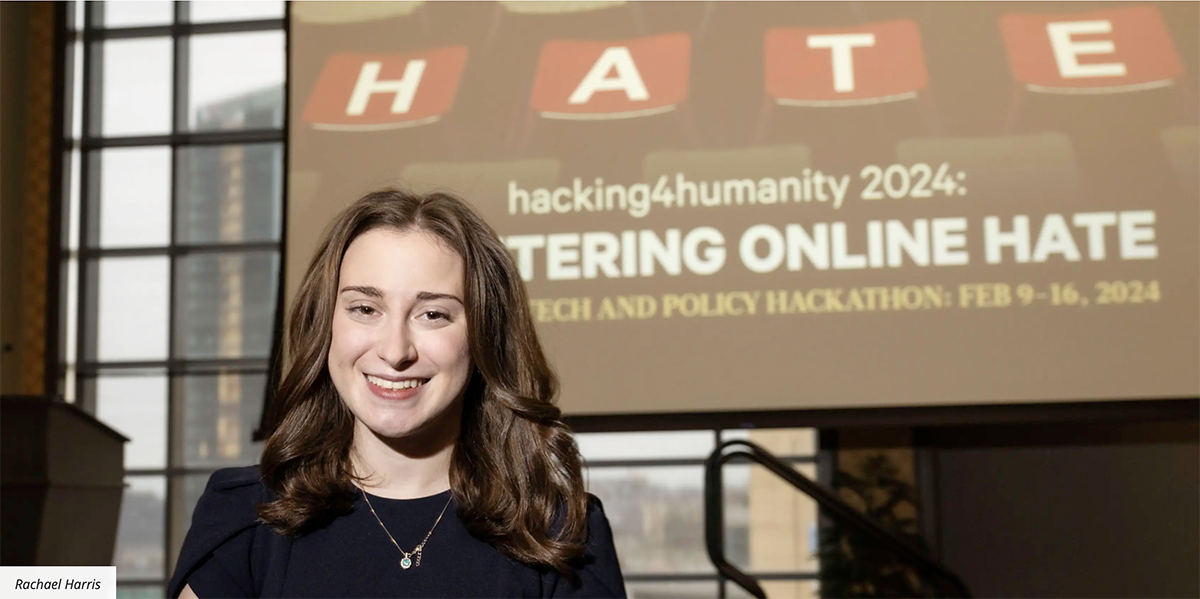 rachel harris in front of a screen that is white and red stating online hate